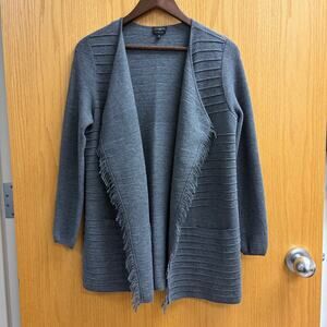 Talbots Gray 100% Merino Wool Open Front Fringe Cardigan Western Boho Minimal MP